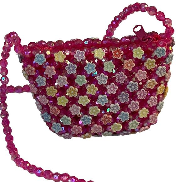No Brand Other - Vintage Tiny Pink Beaded Colorful Floral Purse With Long Strap Girls & Women
